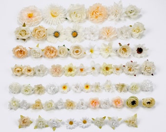 Ensemble combiné de tête de fleur en soie artificielle blanche 66pcs / pack pour bricolage artisanat accessoires 4-12cm fausse fleur guirlande de noël décor de dessert