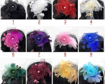 Tocados de 7,9 pulgadas, Tiare para sombrero/18 colores, ramillete de boda/pinza para el pelo de plumas para Brial Shower Tea Party Deby/Accesorios de broche de malla para eventos