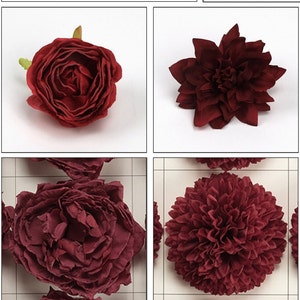 5/100PCS 11Size Burgundy Flower Head Bulk Artificial Silk Flower Head Faux Flower Fake Flower For DIY Crafts Cake Topper Corsage Crown Decor