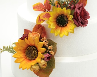 Autumn Sunflower Cake Floral,Sunflower w/Wine Red Rose Cake Flower,Artificial Silk Flower Wedding Cake topper Boho Fall Wedding cake flowers
