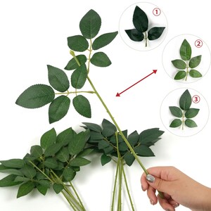 May include: Artificial green rose leaves on stems. The leaves are a deep green color and have a realistic texture. The stems are a lighter green with small thorns. The image shows close-ups of the leaves and a hand holding the stems.