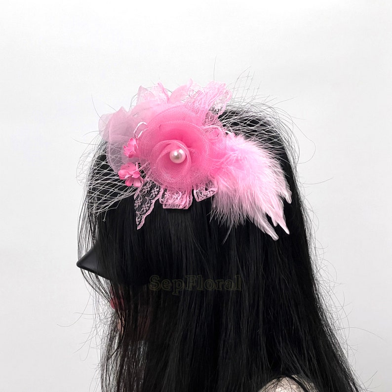 7.9''Fascinators Hoed Tiare /18Colors-Bruiloft Corsage / Feather Hairclip Voor Brial Shower Tea Party Deby / Event Mesh Broche Accessoires afbeelding 3