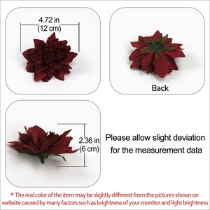 May include: A deep red artificial flower with a diameter of 4.72 inches (12 cm). The flower has a layered, ruffled appearance and is shown from the front and back.