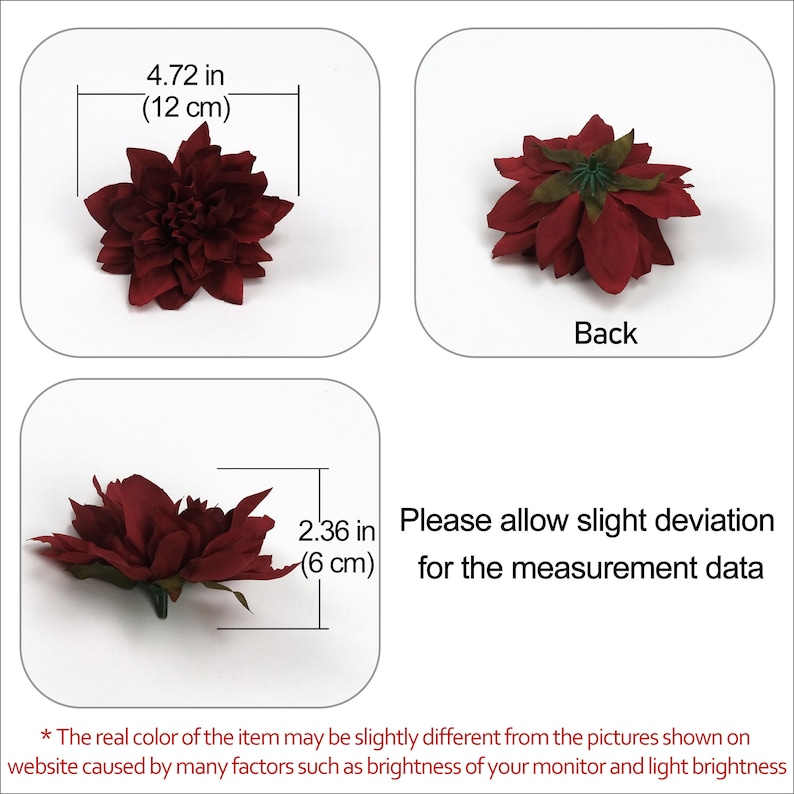 May include: A deep red artificial flower with a diameter of 4.72 inches (12 cm). The flower has a layered, ruffled appearance and is shown from the front and back.