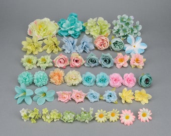 44Pcs 4-12cm Artificial flower heads Combo Set/Rose,Peony,Silk flower,Bulk Fake flowers/DIY Craft Flower Kit for Wedding Bouquets Home Decor