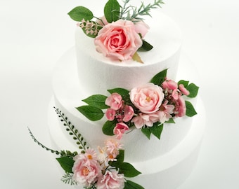 Fiore di seta artificiale Cake Topper 3Design Torta Disposizione Fiore Decorazione torta fai da te per la decorazione della festa nuziale Fiore torta rosa
