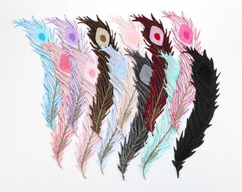 Feather Embroidery Patch - Iron on/Sew On 12 Colors exquisite Feather Patches for Applique Clothes skirt dress design Handmade Badge 2in*9in