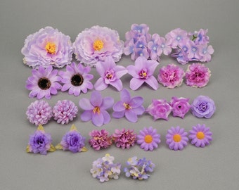 27 piezas de cabeza de flor de seda artificial púrpura conjunto combinado para manualidades DIY ramos de novia decoración de boda arreglo floral kit de flores mezcla de flores