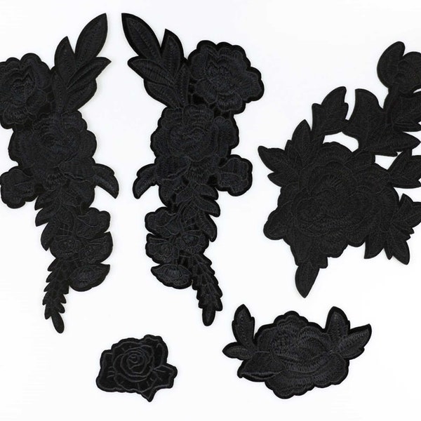 1-30Pcs Large Embroidery Black Rose Patchs 5 Styles Flower Patches Iron on/Sew on Applique DIY Sewing Wedding Clothes Decoration Badge