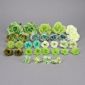 32Pcs Green Artificial Flowers Combo Set/5-12cm Rose Peony Silk Flowers Head Bulk Fake flower for Handmade DIY Wedding Bouquets Decoration