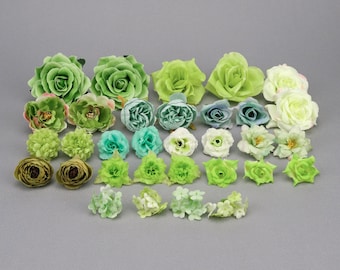 32 pièces ensemble combiné de fleurs artificielles vertes/5-12 cm Rose pivoine fleurs en soie tête en vrac fausse fleur pour la décoration de bouquets de mariage bricolage à la main