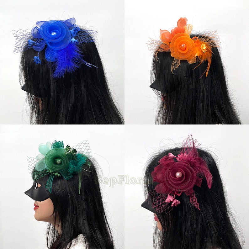 7.9Fascinators Hat Tiare /18Colors-Wedding Corsage / Feather Hairclip For Brial Shower Tea Party Deby / Event Mesh Brooch Accessories image 9