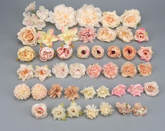 44Pcs Silk Artificial Flower Combo Set/4-13cm Rose Peony Flower Head Fake Flower for DIY Wedding Home Floral Mobile Crown Decor Accessory