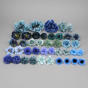 40 Stück Saphir Künstliche Blumenköpfe Combo Set / 4-12cm Rose,Pfingstrose,Seidenblume,Bulk Kunstblumen Für DIY Hochzeit Dekoration Zubehör