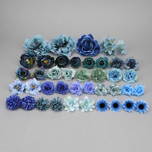 40Pcs Sapphire Artificial flower heads Combo Set/4-12cm Rose,Peony,Silk flower,Bulk Fake flowers For DIY Wedding Home Decoration Accessories