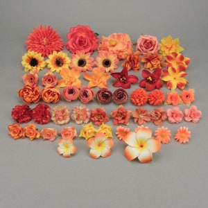 52Pcs Orange Artificial Flower Combo Set/4-12cm Rose Peony Head Bulk Fake flower for Handmade DIY Wedding Halloween Home Decor Accessory