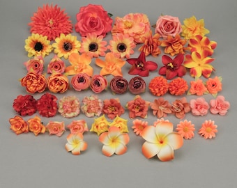 52Pcs Orange Artificial Flower Combo Set/4-12cm Rose Peony Head Bulk Fake flower for Handmade DIY Wedding Halloween Home Decor Accessory
