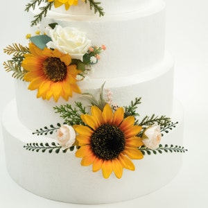 Artificial Silk Sunflowers Cake Flowers - W/ white roses pine leaves Cake Topper Flowers Arrangement Wedding Cake Decor For Birthday Decor