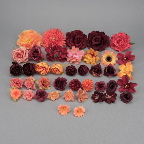41 pièces mélange de fleurs artificielles en soie / 4-13 cm tête de pivoine rose en vrac fausse fleur pour bricolage table d'Halloween mariage décor à la maison sac à saisir