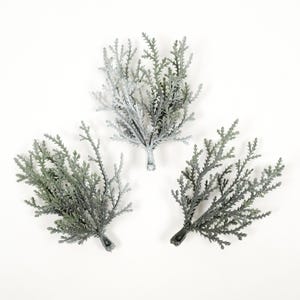 May include: Three artificial evergreen sprigs with a frosted appearance. The faux plants have a dark green color with a light dusting of white, and are arranged on a white background. These decorative sprigs are ideal for crafting and home decor.