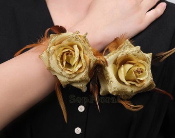 17Color Gilter Rose Corsage 1/2/5PCS Bulk Feather Wrist Flower For Wedding Bridal Prom Party Decor Women Brooch Tea Party Boutonniere