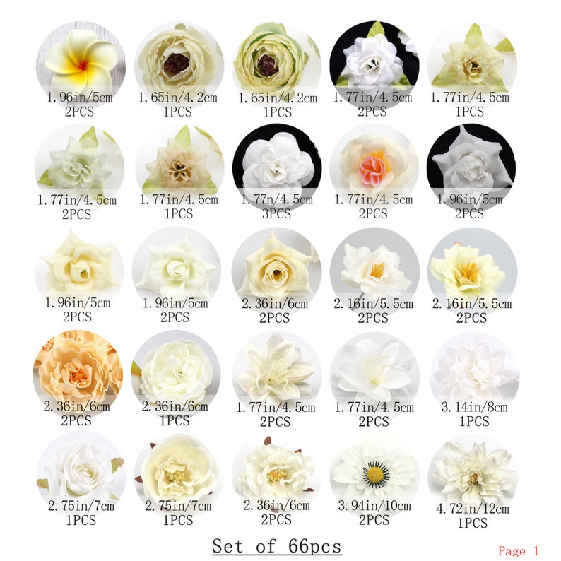 Ensemble combiné de tête de fleur en soie artificielle blanche 66pcs / pack pour bricolage artisanat accessoires 4-12cm fausse fleur guirlande de noël décor de dessert image 2