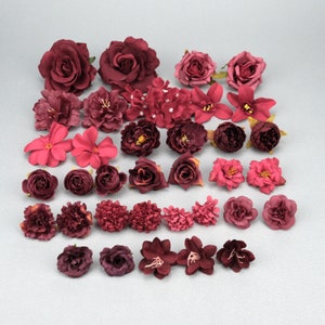 Set combinato di 35 teste di fiori artificiali rosso vino / 4-12 cm rosa, peonia, fiore di seta, fiori finti sfusi per la decorazione domestica di nozze fai da te fatta a mano