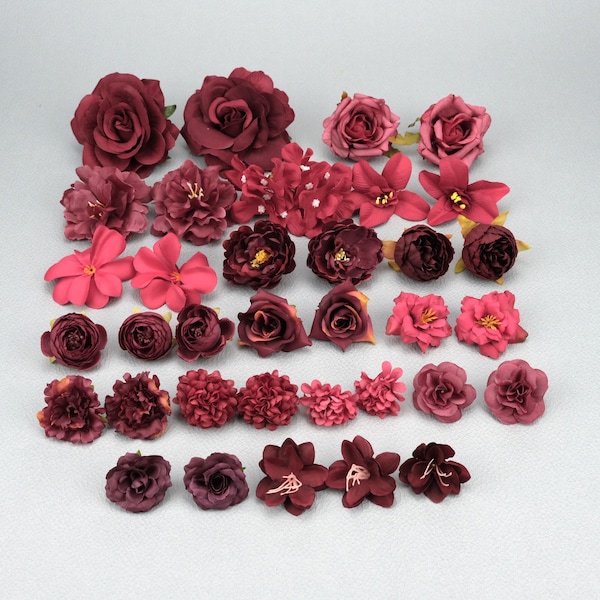 35 pièces vin rouge têtes de fleurs artificielles Combo ensemble/4-12 cm Rose, pivoine, fleur en soie, fausses fleurs en vrac pour la décoration de la maison de mariage bricolage à la main