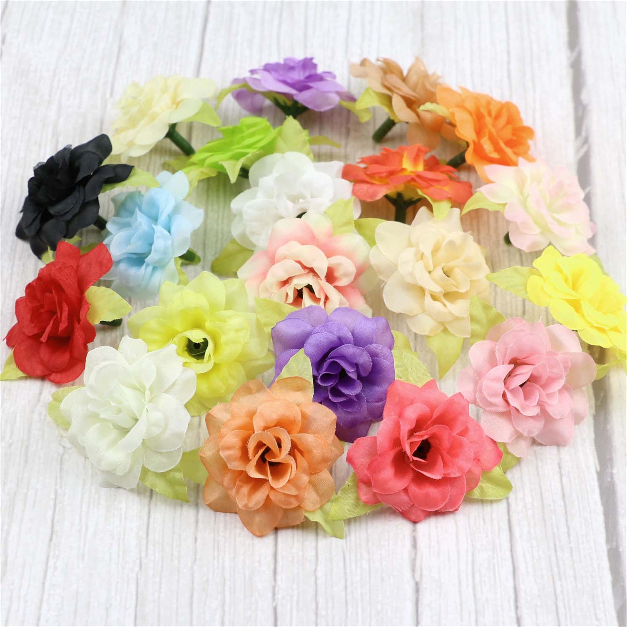 20 Colors Mini Silk Rose With Leaf / Artificial Flower Head in Bulk For DIY Hairclip Decor Garland Scrapbook Crown Flower Mobile Fake Flower