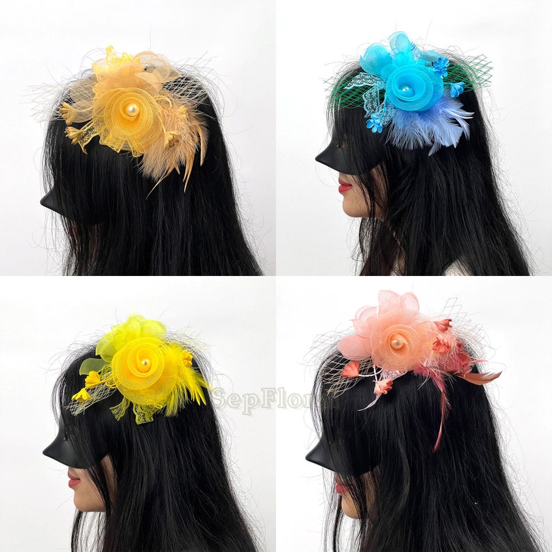 7.9''Fascinators Hoed Tiare /18Colors-Bruiloft Corsage / Feather Hairclip Voor Brial Shower Tea Party Deby / Event Mesh Broche Accessoires afbeelding 10