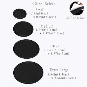 May include: Four sizes of black oval patches are displayed: small (3cm x 2.3cm), medium (4.5cm x 3.5cm), large (6.5cm x 5cm), and extra large (8.5cm x 6.5cm). The image also shows the text 'Self-Adhesive'.