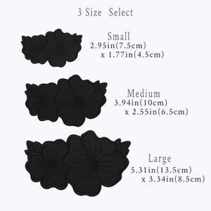 May include: Black floral applique patches in three sizes: small (2.95in x 1.77in), medium (3.94in x 2.55in), and large (5.31in x 3.34in). The patches are displayed on a light background with the text "3 Size Select".