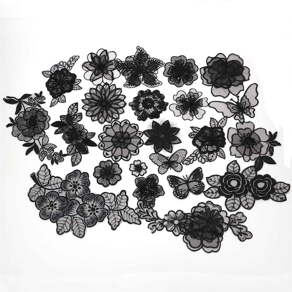 24 Style Noir Dentelle Broderie Patch/1-100p Gros Décalque/Fleur Dentelle Patch Fer/Coudre sur Applique Tissu Robe Sac Scrapbook Décor Accessoire