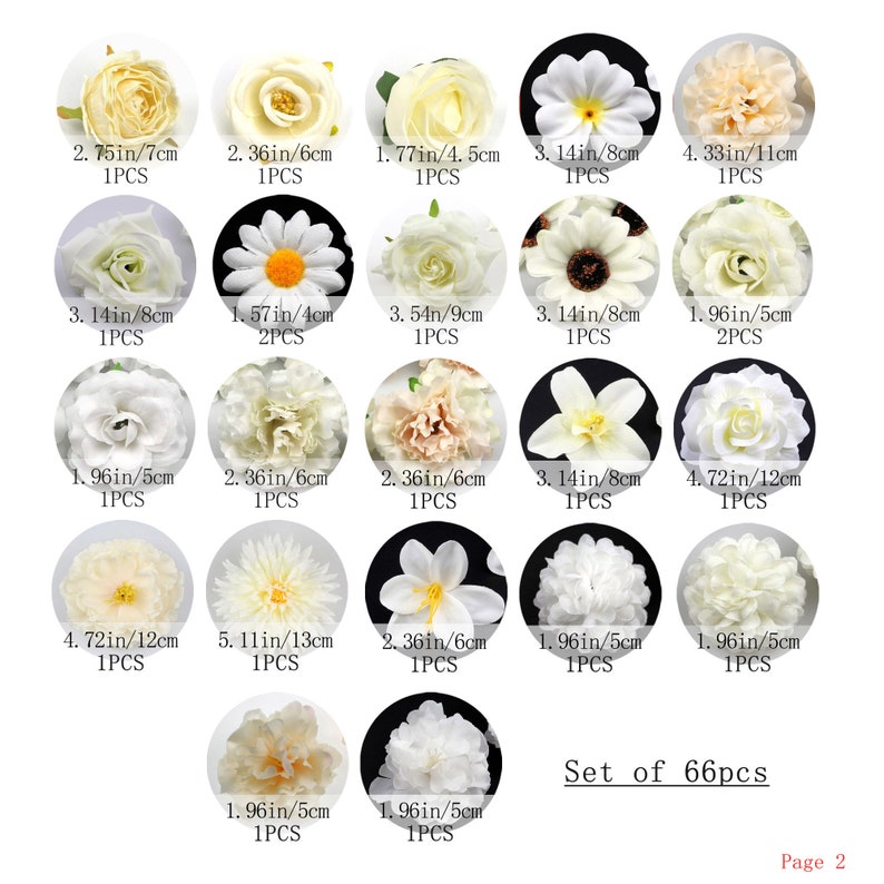 Ensemble combiné de tête de fleur en soie artificielle blanche 66pcs / pack pour bricolage artisanat accessoires 4-12cm fausse fleur guirlande de noël décor de dessert image 3