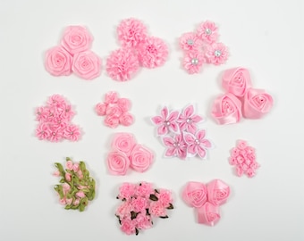1Pcs Pink Satin Flower Grab Bag / 75PCS Ribbion Flower For DIY Crafts Wedding Cards Dress Birthday Party Baby Shower Decor Fake Flower