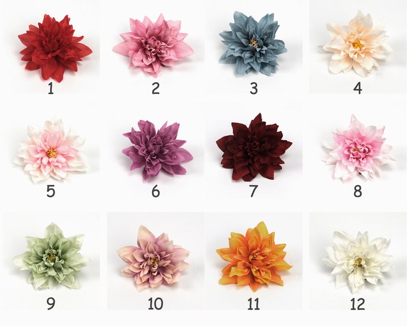May include: Twelve artificial flower heads in various colours, including red, pink, purple, blue, green, white, and orange. The flowers are arranged in a grid pattern with numbers 1 through 12 below each flower.