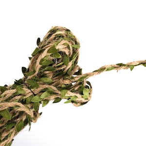 May include: A roll of brown twine with green leaves woven throughout. The twine is unraveled and the leaves are visible.