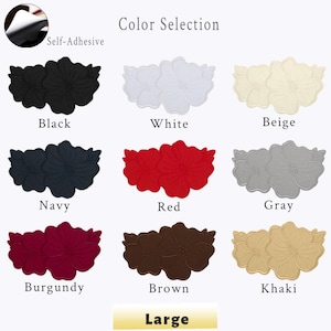 Może przedstawiać: Wybór samoprzylepnych aplikacji kwiatowych w różnych kolorach, w tym czarnym, białym, czerwonym i brązowym. Obraz przedstawia opcje kolorystyczne: beżowy, granatowy, szary, bordowy i khaki. Widoczne jest również słowo "Large".