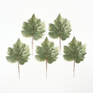May include: Five artificial green leaves with brown stems are arranged on a white background. The leaves have a detailed veining pattern and a mottled appearance with lighter green and white patches, creating a realistic look for decorative purposes.