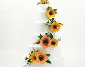 Flor de pastel de girasol artificial - Girasol con hojas pastel topper pastel de boda floral topper pastel de boda Boho flores pastel floral topper