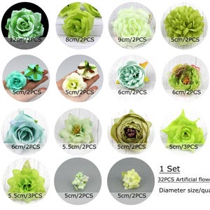 32Pcs Artificial Rose Flowers Head Combo Set for Wedding Green Bouquets Set DIY Wedding Bouquets Centerpieces Baby Shower Party Home Decor