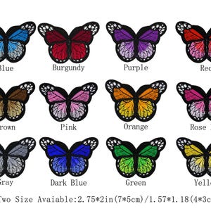 Può includere: Una collezione di toppe a forma di farfalla in vari colori, tra cui blu, bordeaux, viola e rosso. Ogni toppa presenta dettagliati motivi alari ed è etichettata con il suo colore. Due misure disponibili: 7x5cm e 4x3cm.