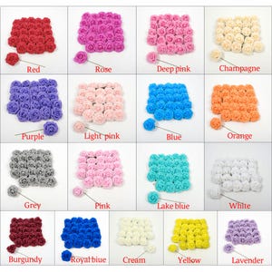 Peut inclure: Une grille de roses artificielles colorées dans diverses nuances, dont le rouge, le rose, le bleu et le jaune. Chaque couleur est étiquetée avec son nom. Ces fleurs décoratives conviennent aux travaux manuels et aux décorations d'événements.