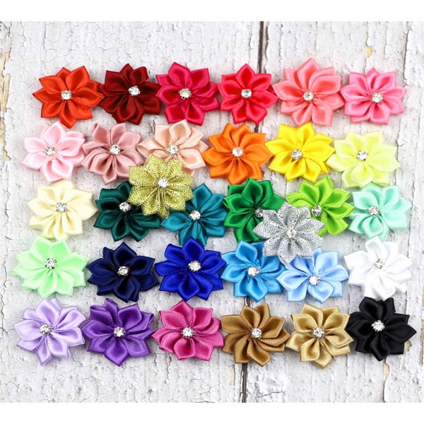 10 / 500 Stück 35 Farben Satinband Blumen, Satin Blume mit Strass Blume ~ DIY Craft / Trim Hochzeit dekorieren Bekleidung Nähen Stoffbedarf