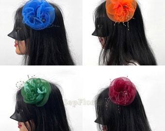 18Colors-Wedding Fascinator,Bridal Corsage , Mesh Bow HairClip,5.9inch Brooch,Prom Party Barrette Bridesmaids,Flower Girl Pin