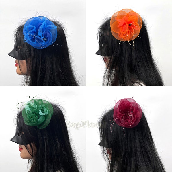 18Colors-Wedding Fascinator,Bridal Corsage , Mesh Bow HairClip,5.9inch Brooch,Prom Party Barrette Bridesmaids,Flower Girl Pin