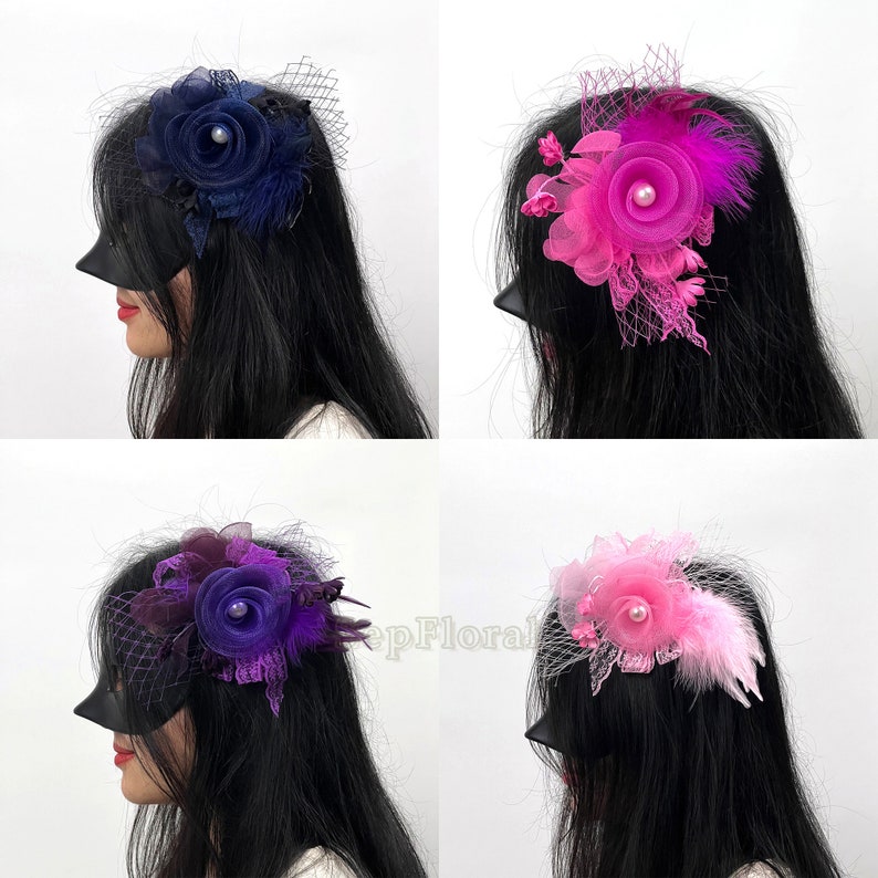 7.9''Fascinators Hoed Tiare /18Colors-Bruiloft Corsage / Feather Hairclip Voor Brial Shower Tea Party Deby / Event Mesh Broche Accessoires afbeelding 8