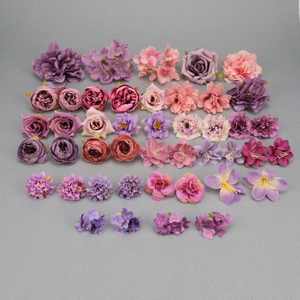 Ensemble de 44 fausses fleurs de style mélange / 4-11 cm en vrac, tête de fleur en soie artificielle / baby shower, bricolage artisanal, kit de fleurs, décorations de mariage, décoration de mariage