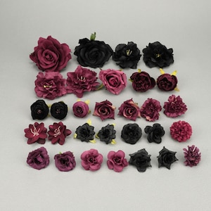 32Pcs Fake Rose Artificial Silk Flower Head Combo Set/4-12cm Simulation Burgundy Flower DIY Kit for Wedding Bouquet Corsage Scrapbook Decor