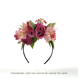 Rozerode boho bloemen hoofdband - handgemaakte dubbelzijdige bloemenkroon haaraccessoire met eucalyptusgroen voor bruiloft, feestelijk haaraccessoire